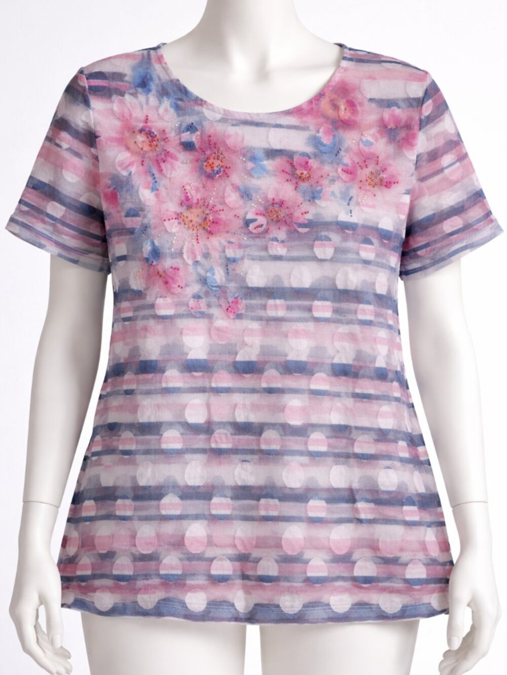 Alfred Dunner Pink & Blue Floral Embellished Top – Size Large